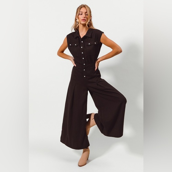 Black denim washed pleated boho bohemian flare chic boho Wide Leg Jumpsuit - Picture 3 of 9